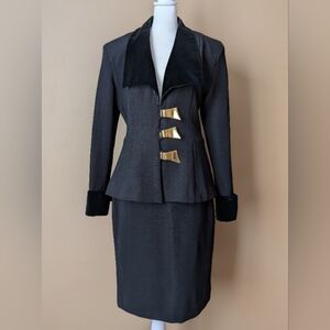 VTG Caché Black Power Suit L Velvet Collar & Cuffs Gold Clasp Buttons 1980-90s